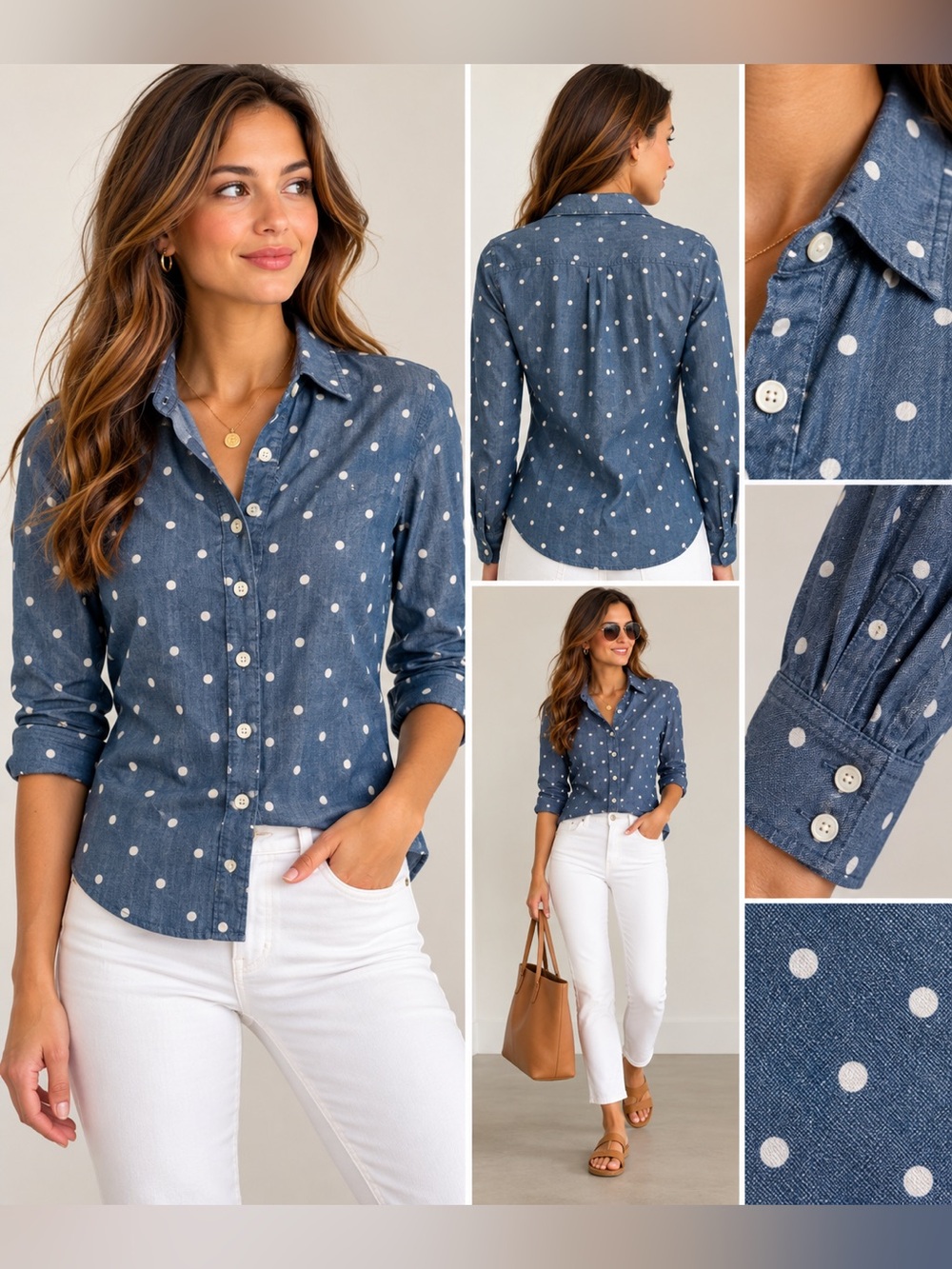 J. Crew Polka Dot Chambray Button Down Shirt XS Blue 100% Cotton